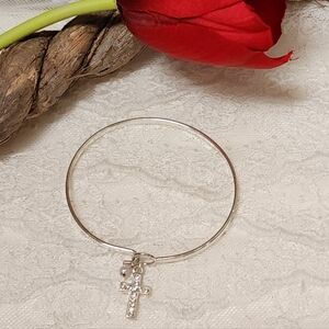 Silver Toned Cuff Bangle Bracelet With Dangle Cross Charm And Faux Pearl